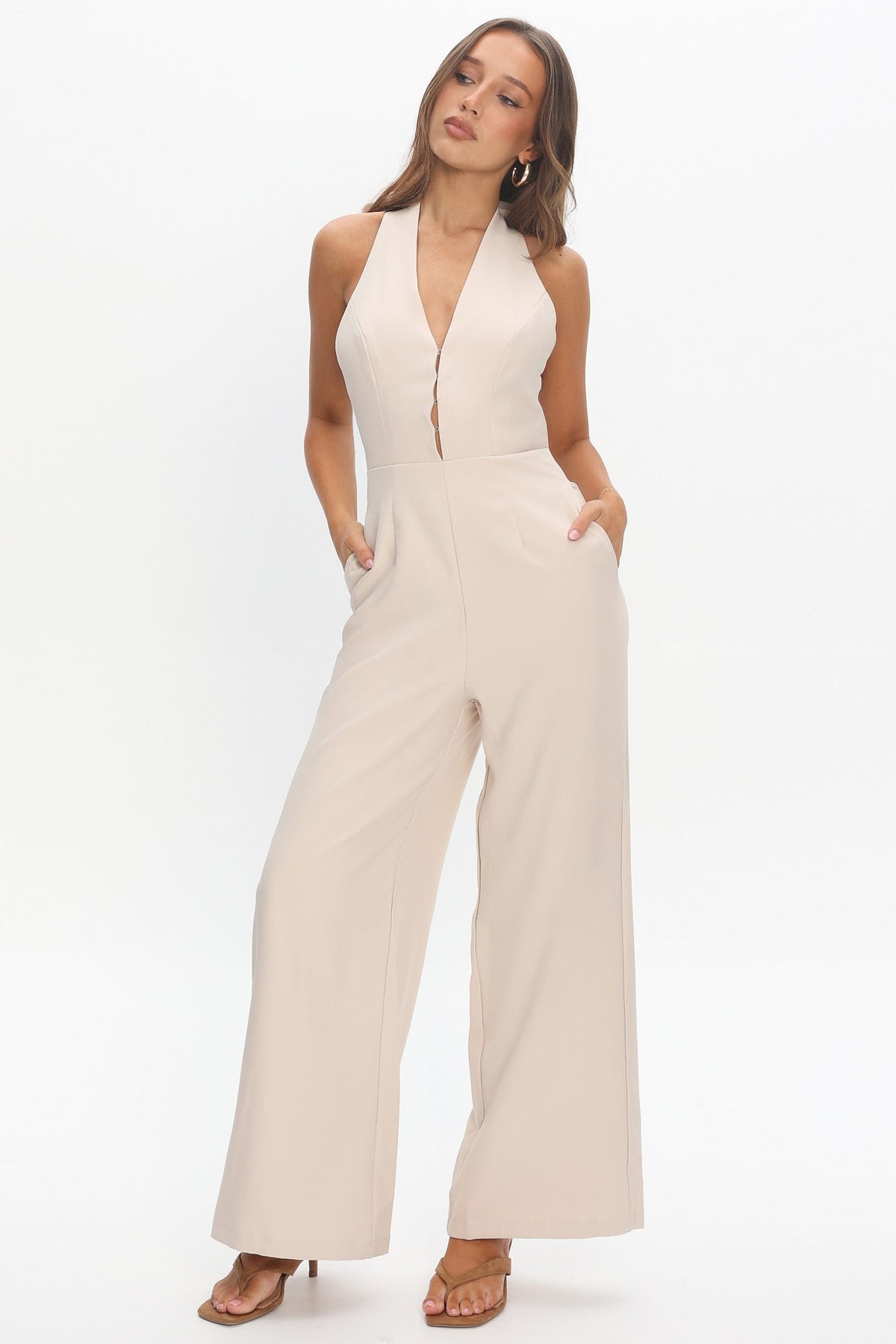 Enlighten Halterneck Jumpsuit Beige