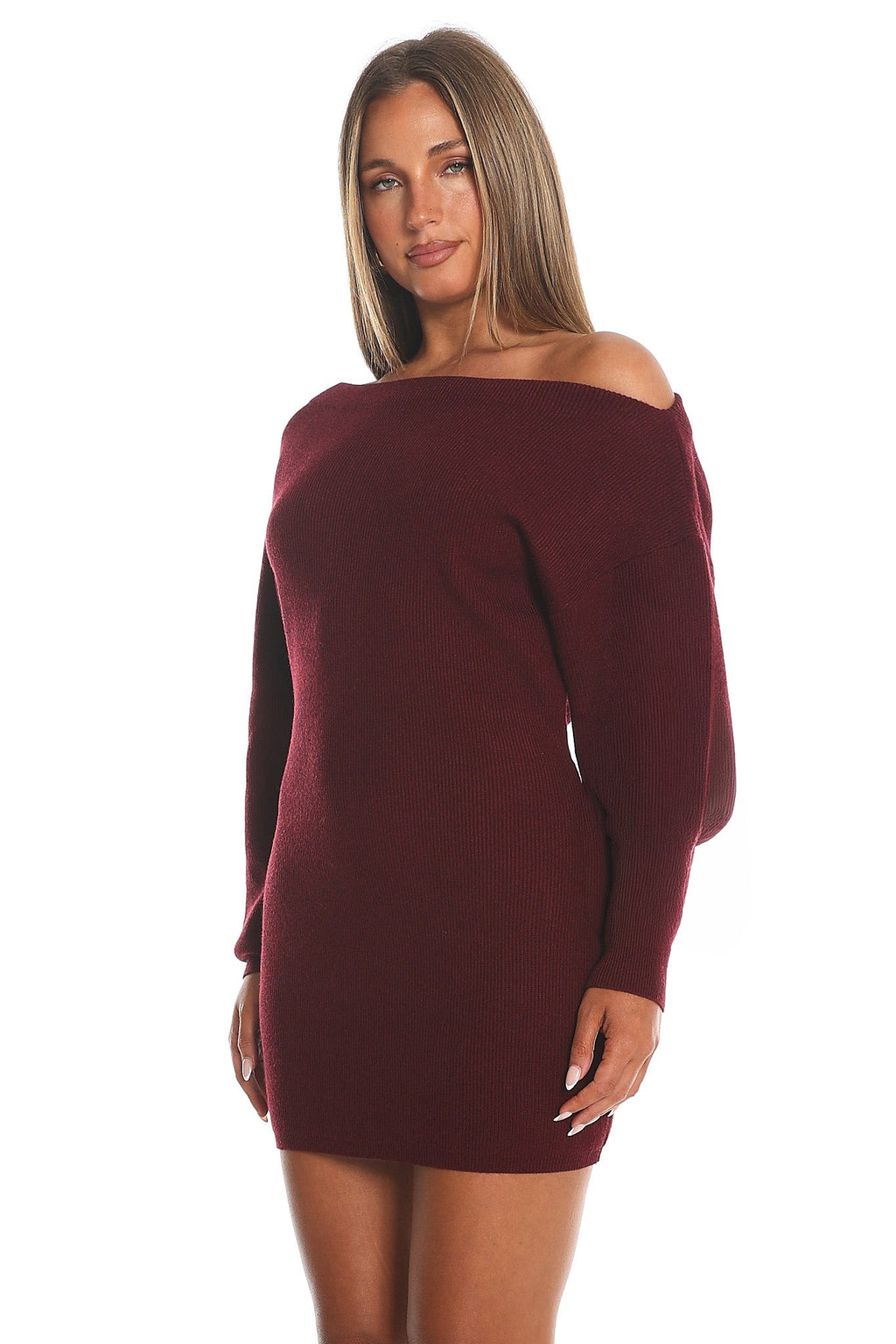Fremont One-Shoulder Fuzzy Knit Mini Dress Wine