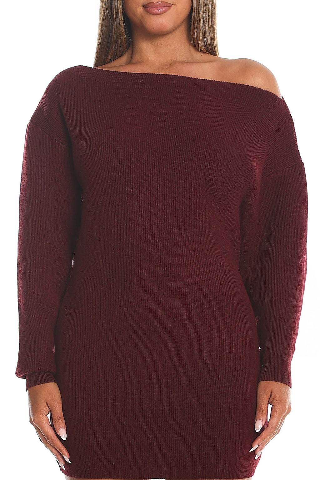 Fremont One-Shoulder Fuzzy Knit Mini Dress Wine