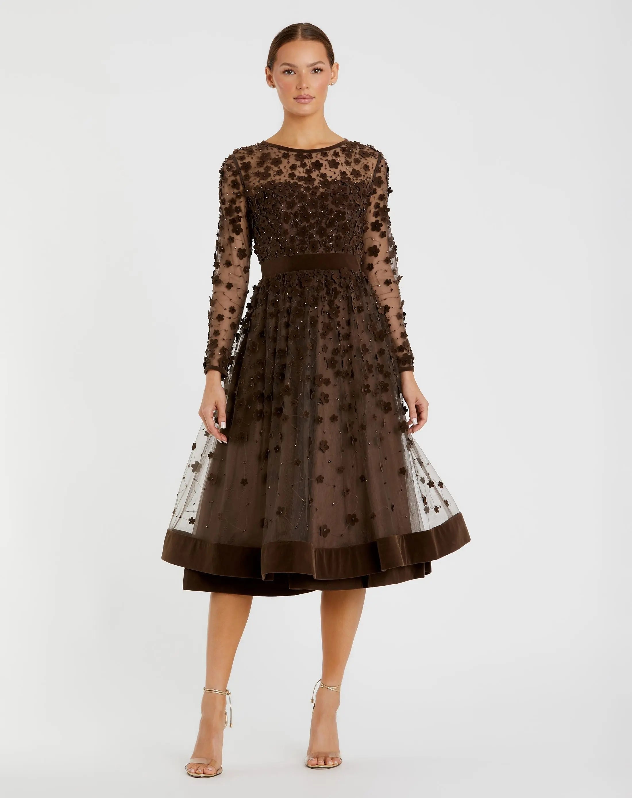 Brown Embellished Long Sleeve Velvet Trim A-Line Midi Dress