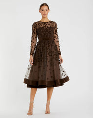 Brown Embellished Long Sleeve Velvet Trim A-Line Midi Dress