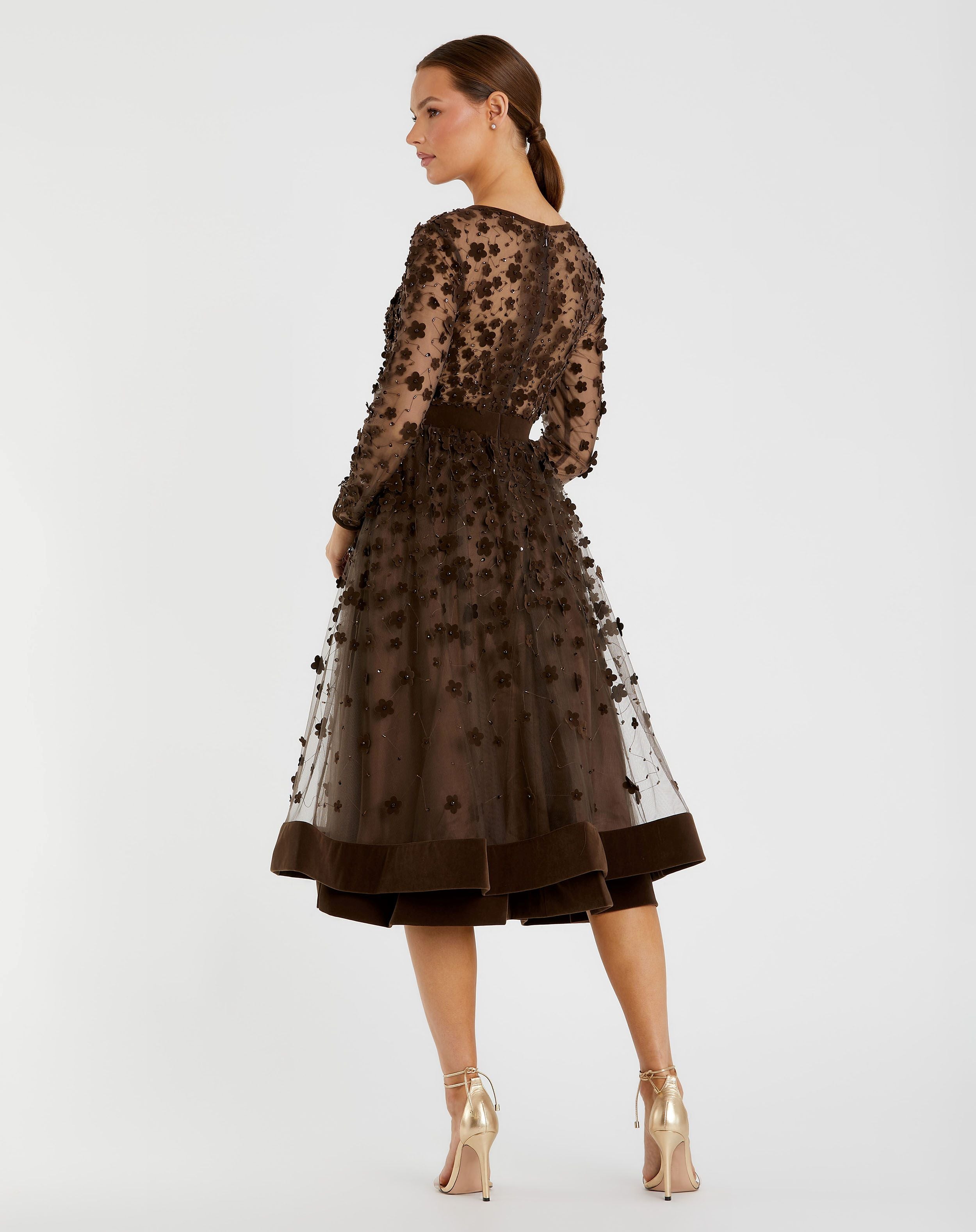 Brown Embellished Long Sleeve Velvet Trim A-Line Midi Dress