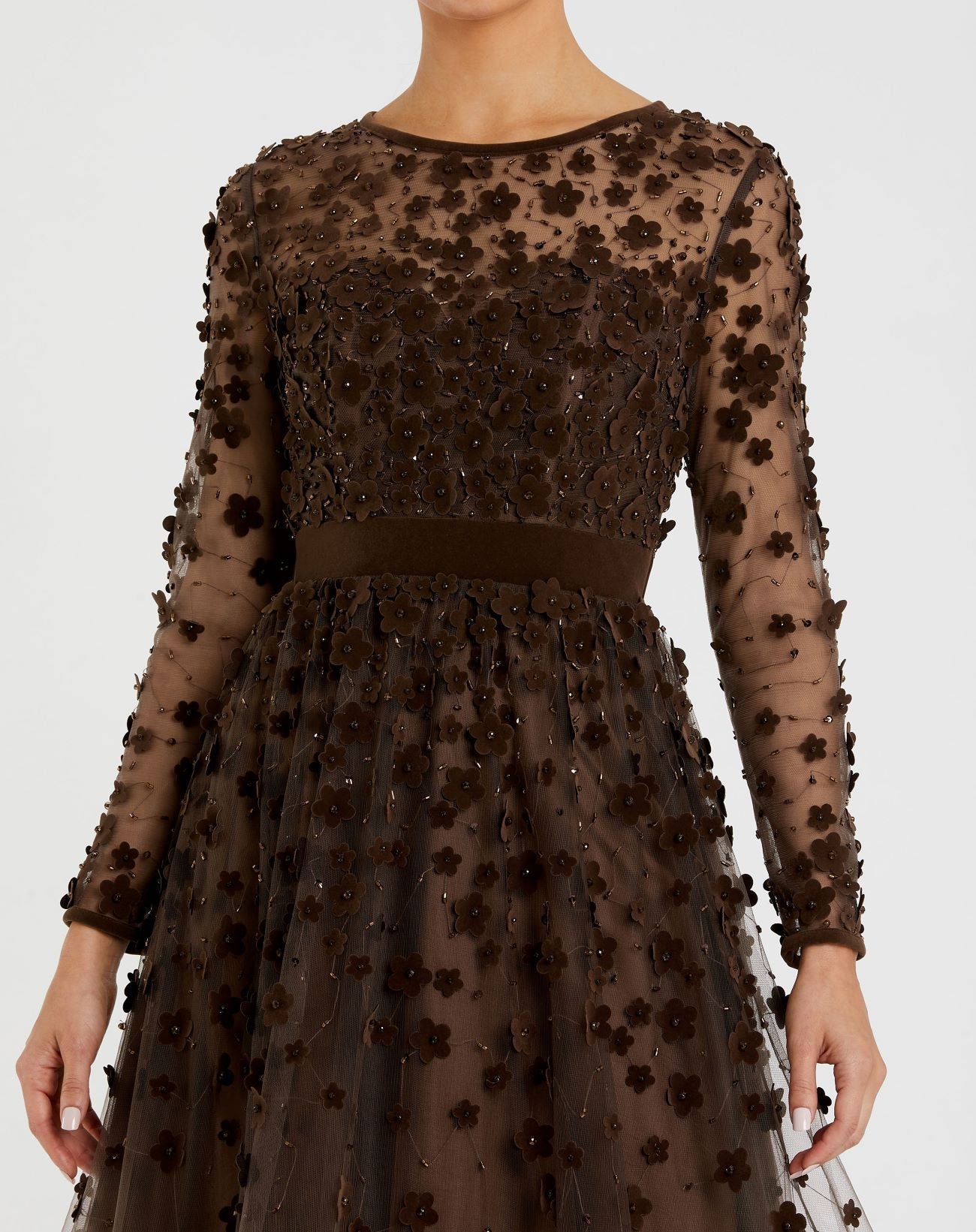 Brown Embellished Long Sleeve Velvet Trim A-Line Midi Dress
