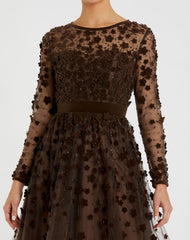Brown Embellished Long Sleeve Velvet Trim A-Line Midi Dress