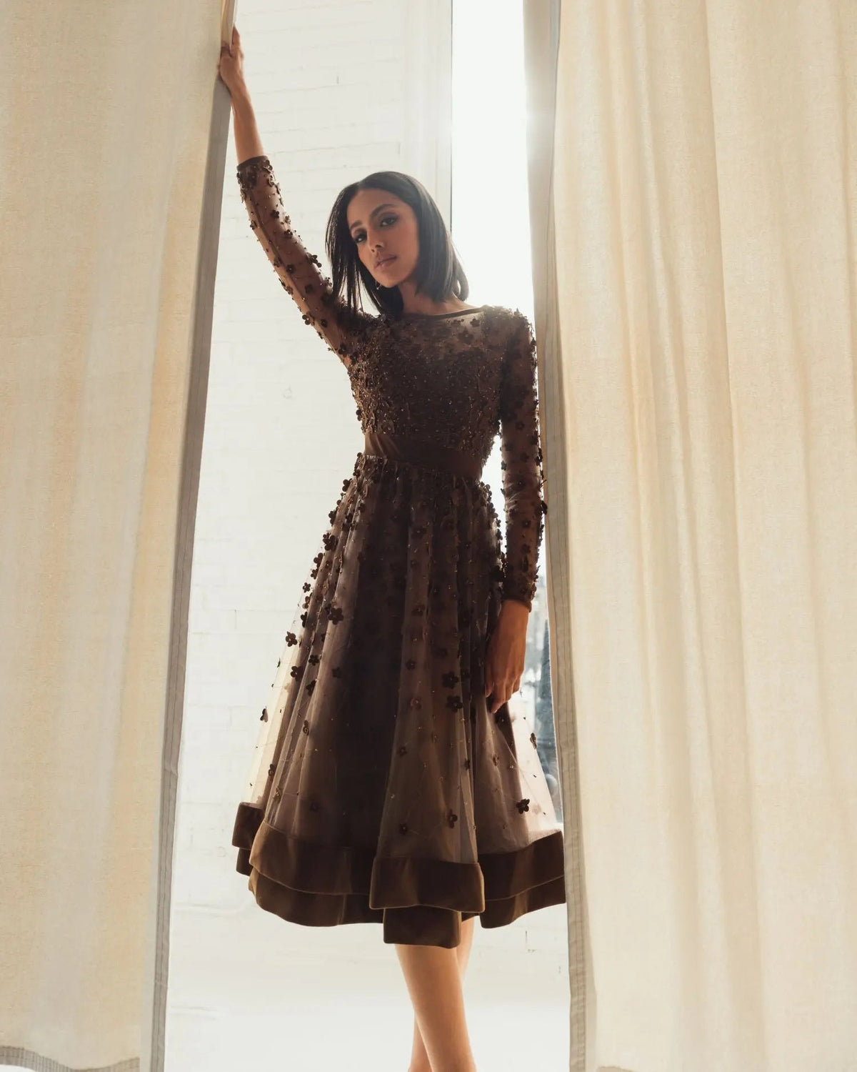 Brown Embellished Long Sleeve Velvet Trim A-Line Midi Dress