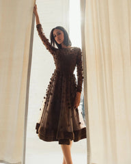 Brown Embellished Long Sleeve Velvet Trim A-Line Midi Dress