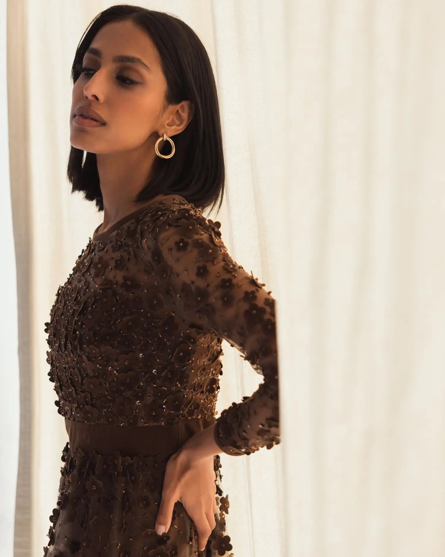 Brown Embellished Long Sleeve Velvet Trim A-Line Midi Dress