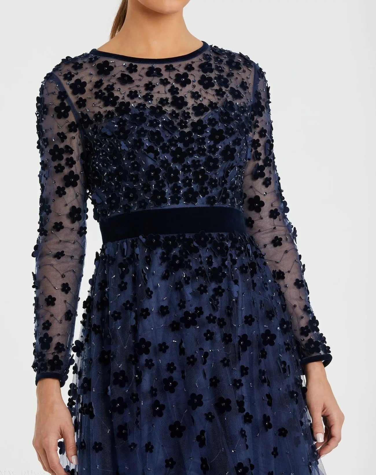 Navy Embellished Long Sleeve Velvet Trim A-Line Midi Dress