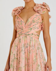 Pink Ruffle Tiered Floral Cut-Out Chiffon Gown