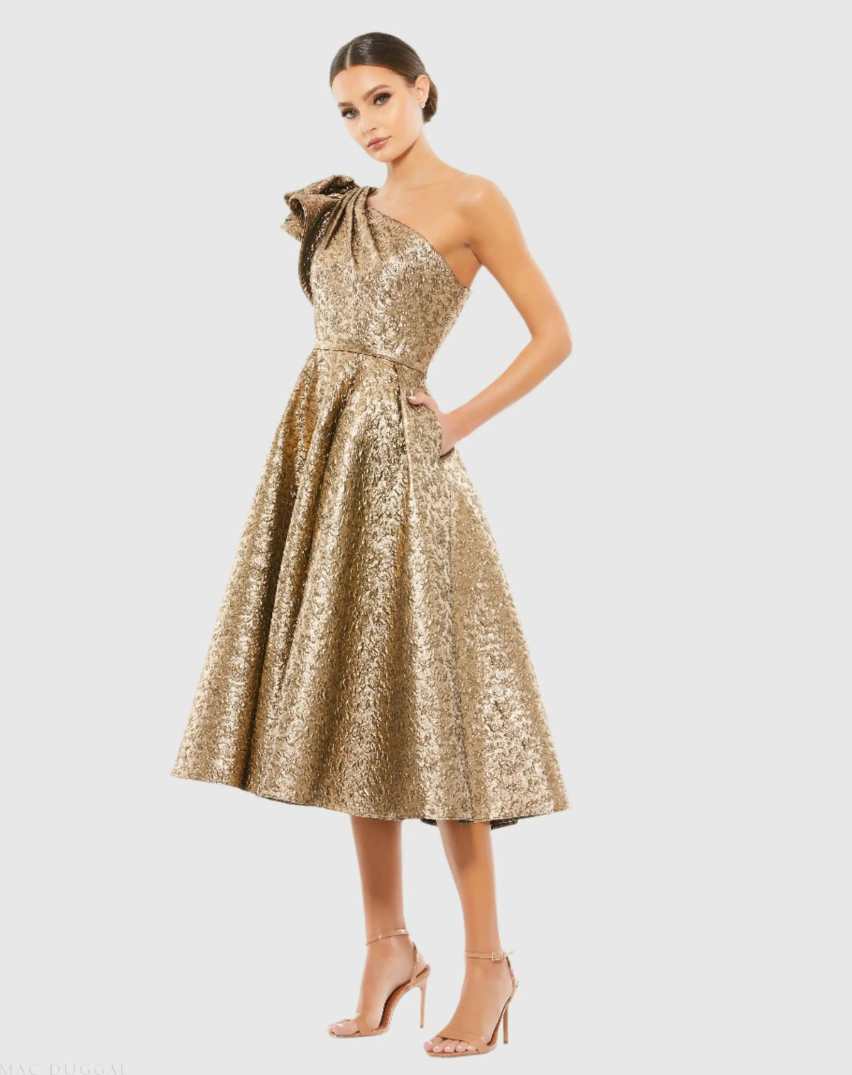 Gold Metallic Ruffle One Shoulder Midi Dress