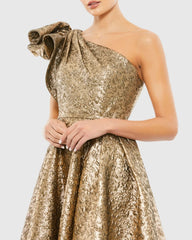 Gold Metallic Ruffle One Shoulder Midi Dress