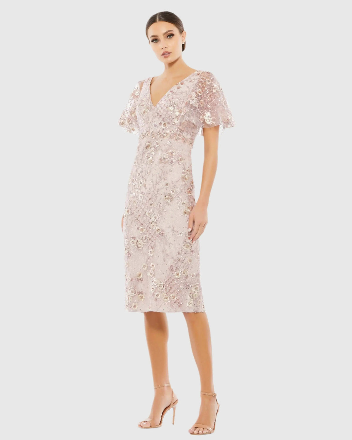 Pink Embellished Butterfly Sleeve Cocktail Dress
