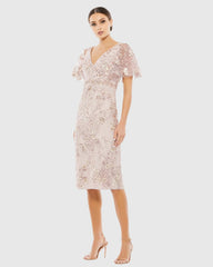 Pink Embellished Butterfly Sleeve Cocktail Dress