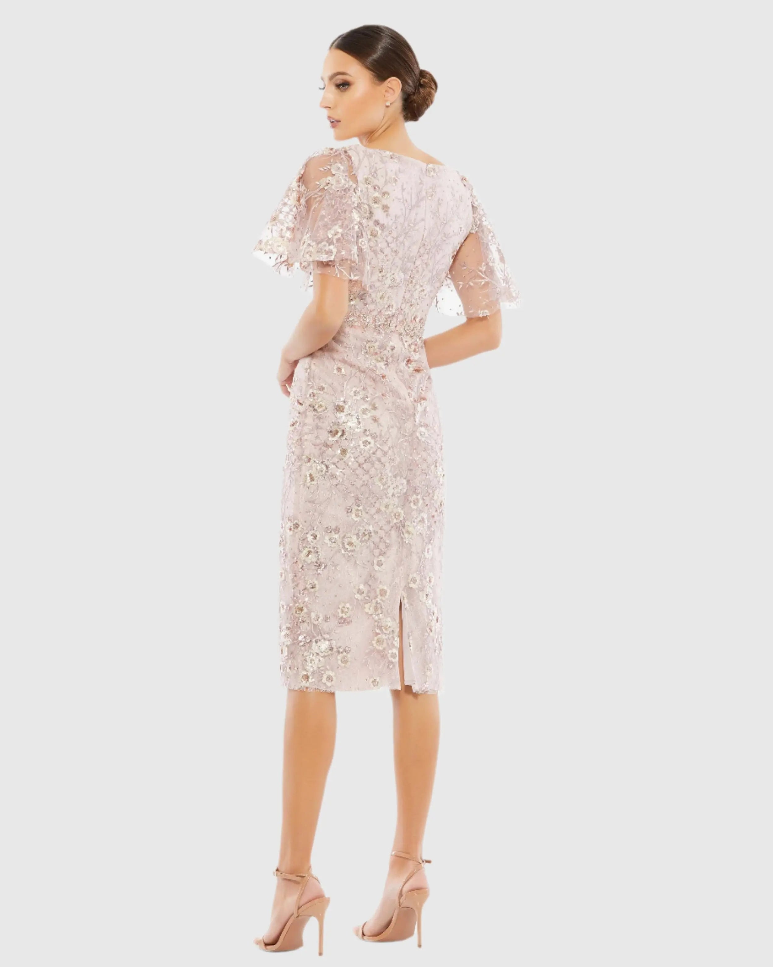 Pink Embellished Butterfly Sleeve Cocktail Dress