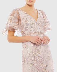 Pink Embellished Butterfly Sleeve Cocktail Dress
