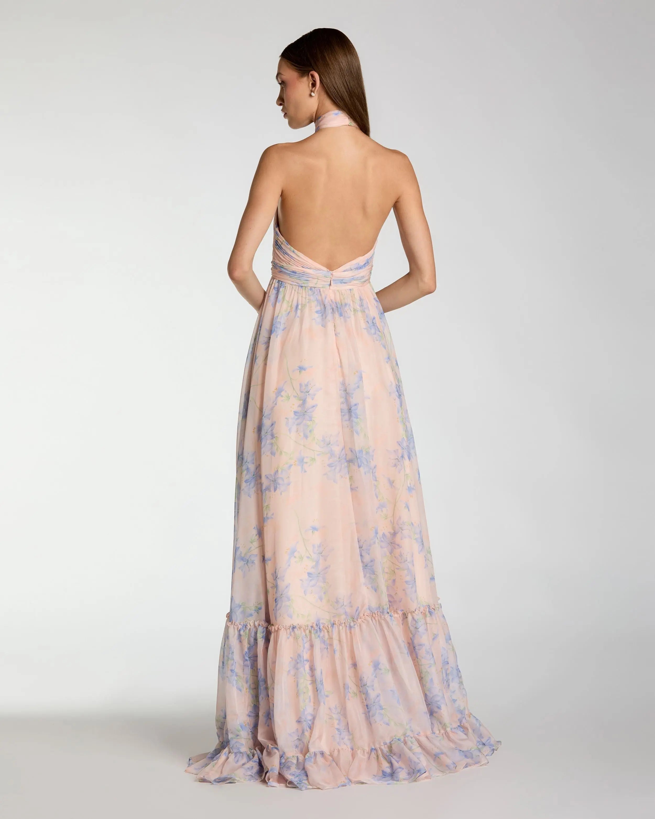 Pink Asymmetrical Ruffled Halter Floral Gown