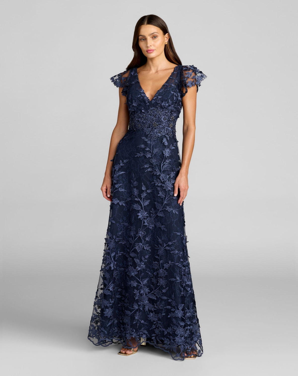 Embroidered Applique Wrap Over Flutter Sleeve Gown
