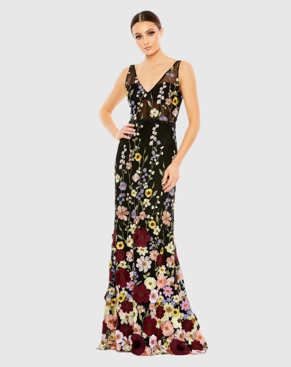 Black Embroidered Tulle Sleeveless V Neck Gown