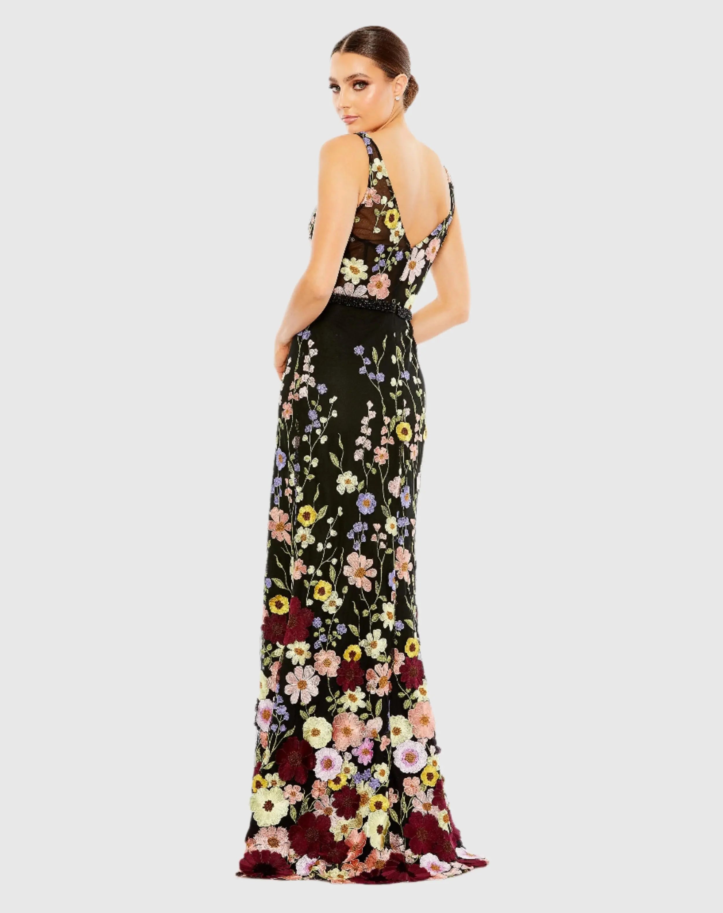 Black Embroidered Tulle Sleeveless V Neck Gown