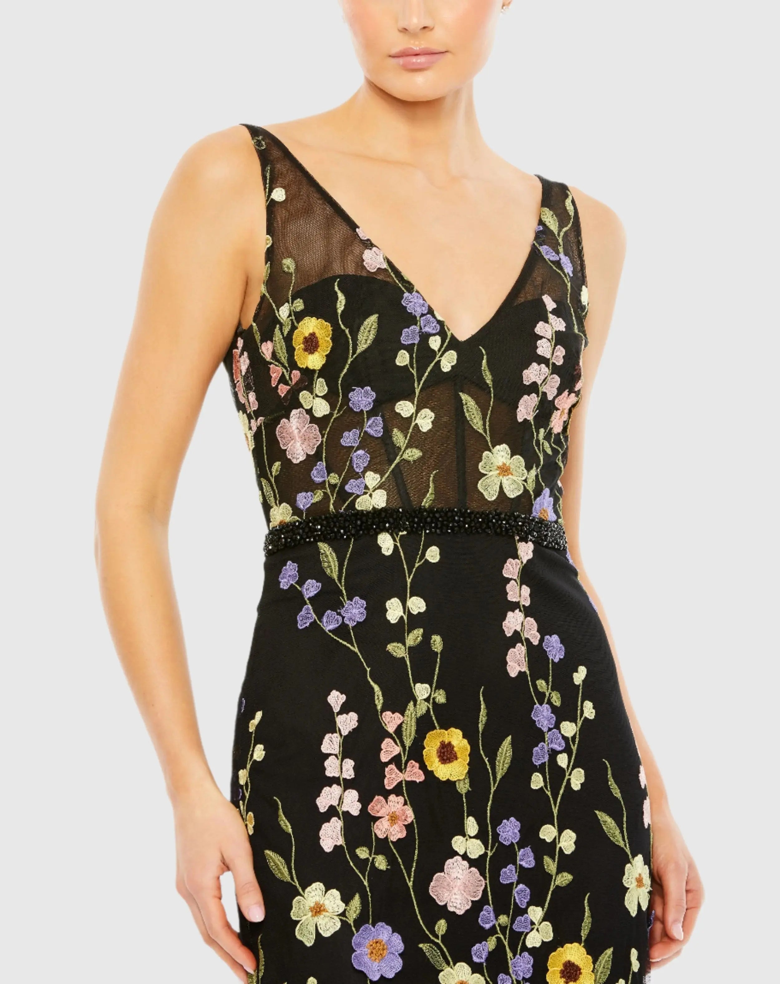 Black Embroidered Tulle Sleeveless V Neck Gown