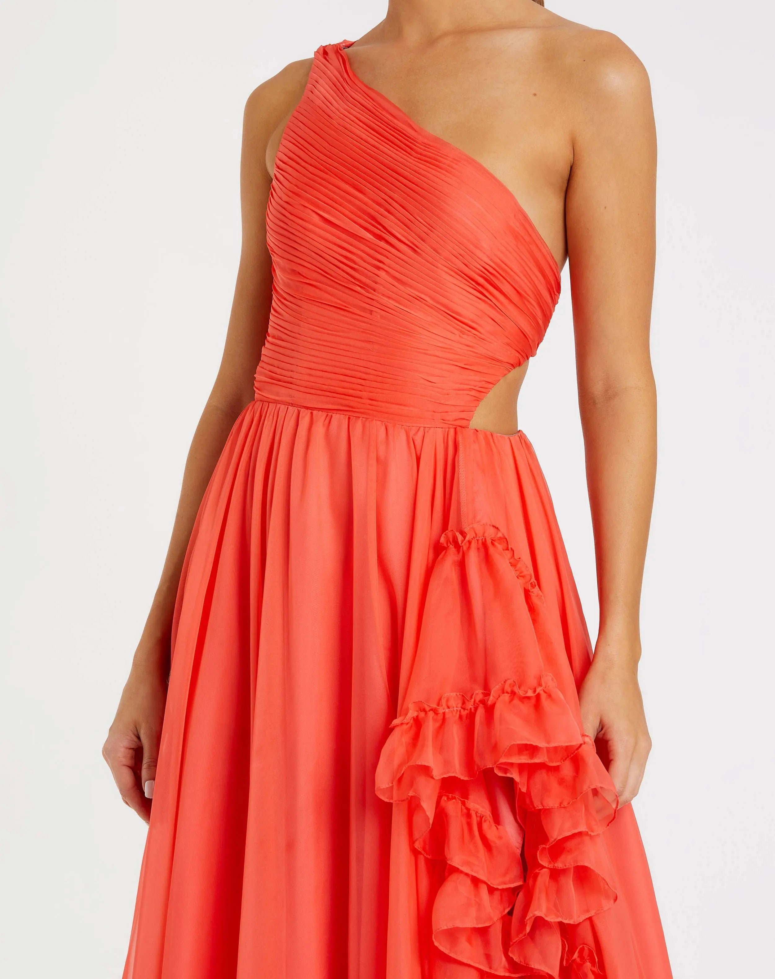 Orange One Shoulder High Low Ruffled Chiffon Gown