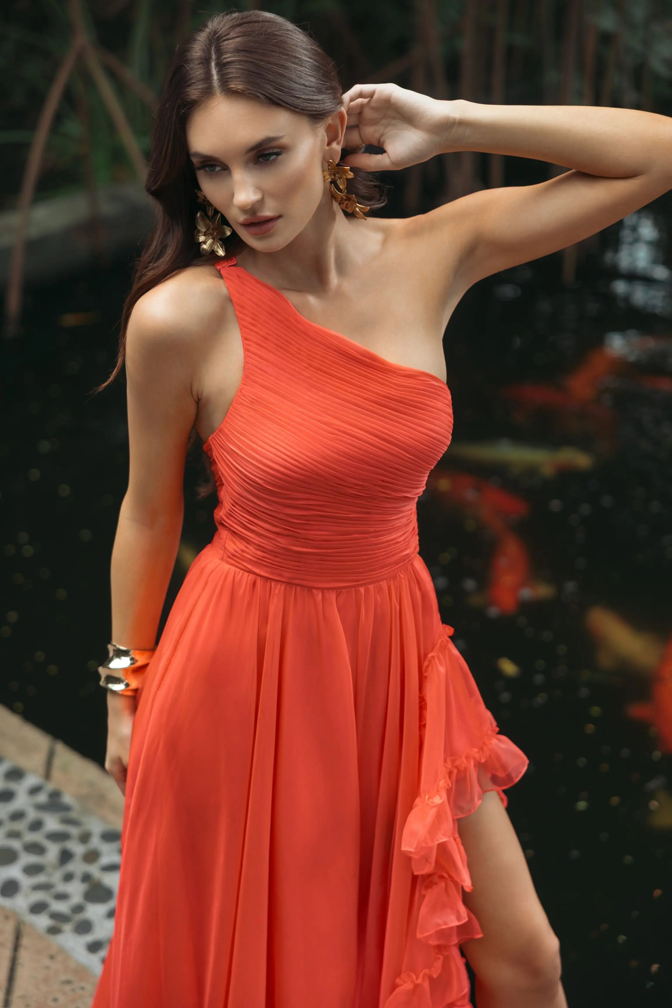 Orange One Shoulder High Low Ruffled Chiffon Gown