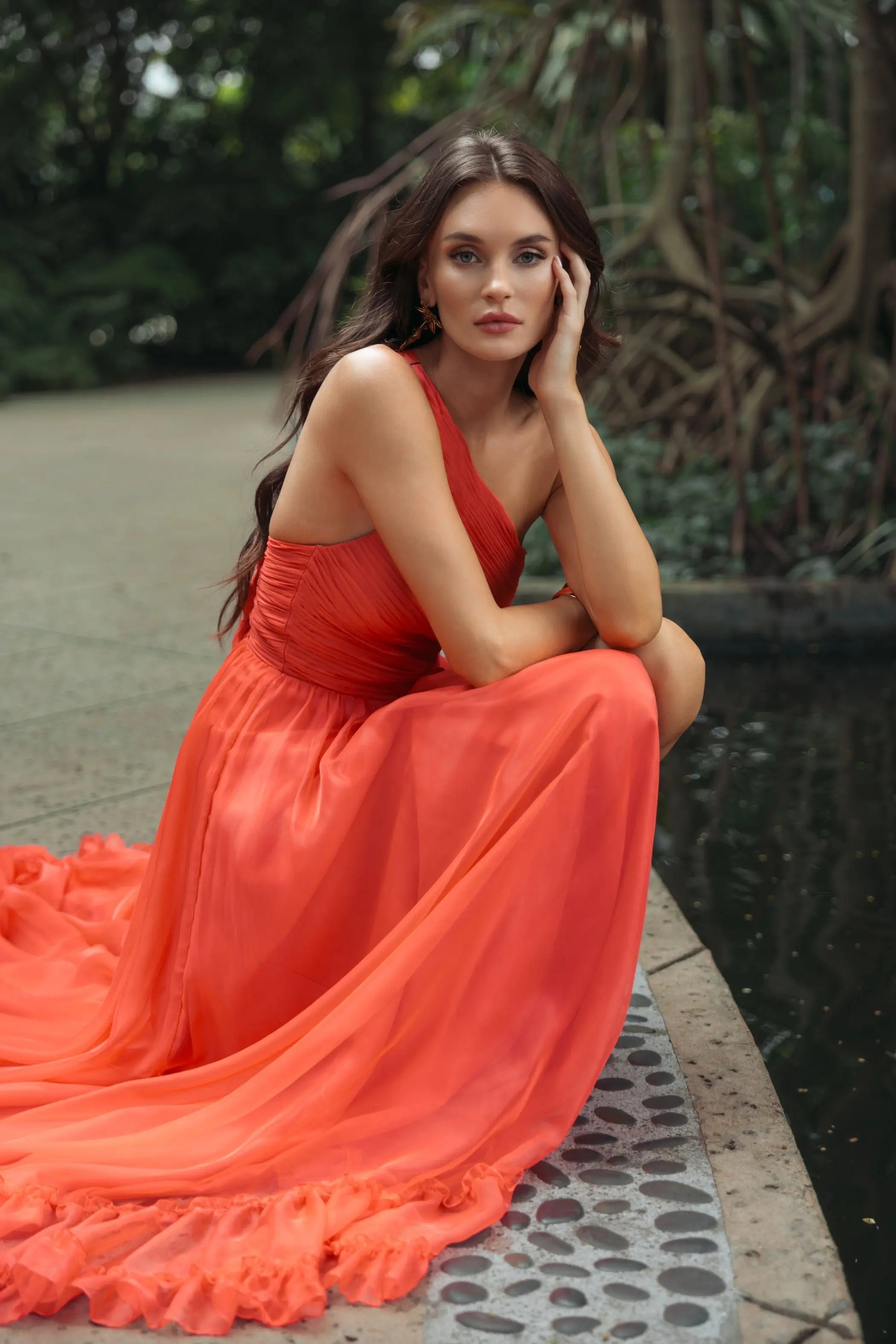 Orange One Shoulder High Low Ruffled Chiffon Gown