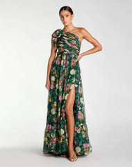 One Shoulder Floral Printed Chiffon Side Cut Out Gown