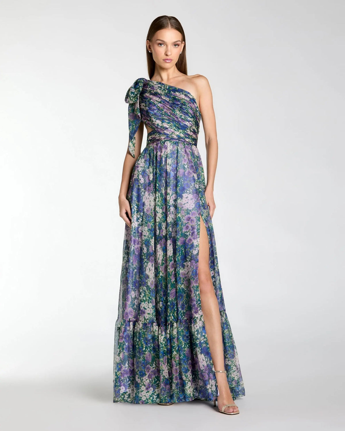 Purple One Shoulder Floral Printed Chiffon Side Cut Out Gown