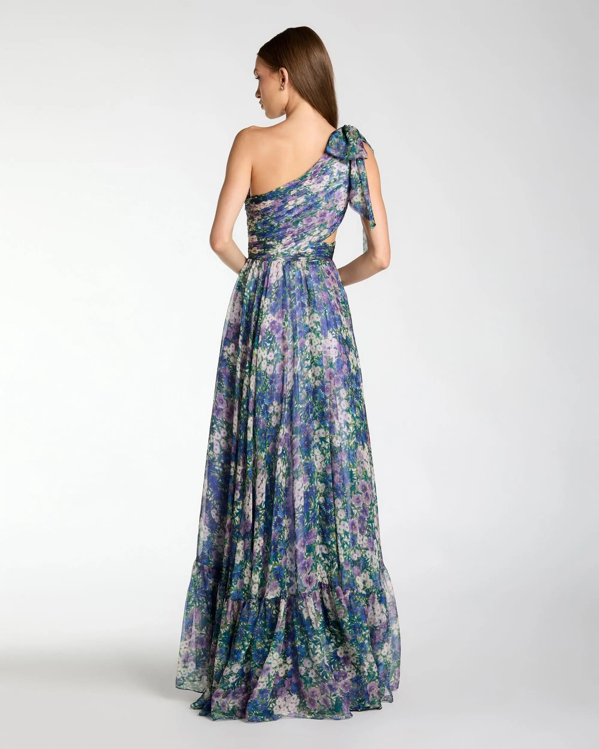 Purple One Shoulder Floral Printed Chiffon Side Cut Out Gown