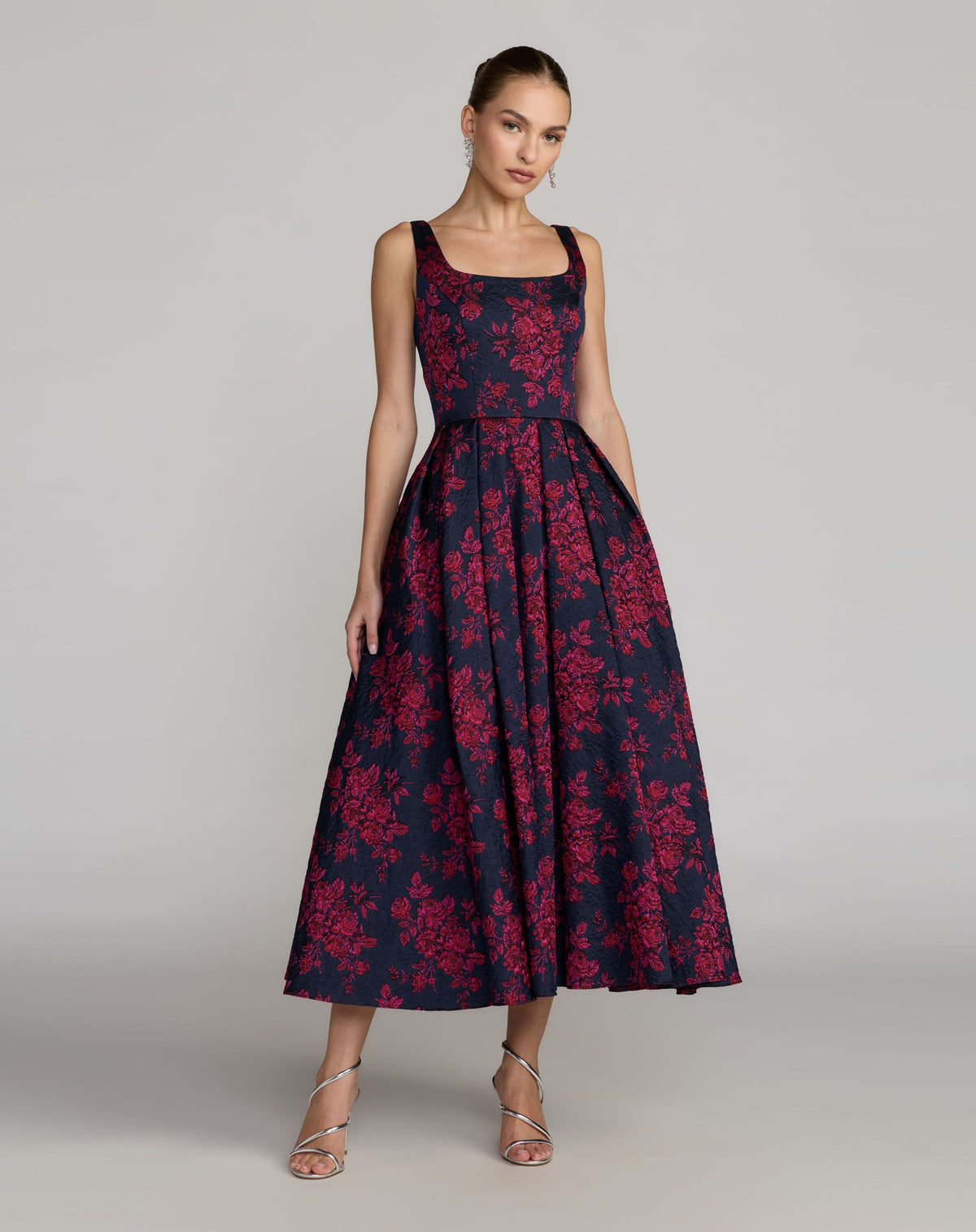 Navy Brocade Floral A-Line Dress With Pockets