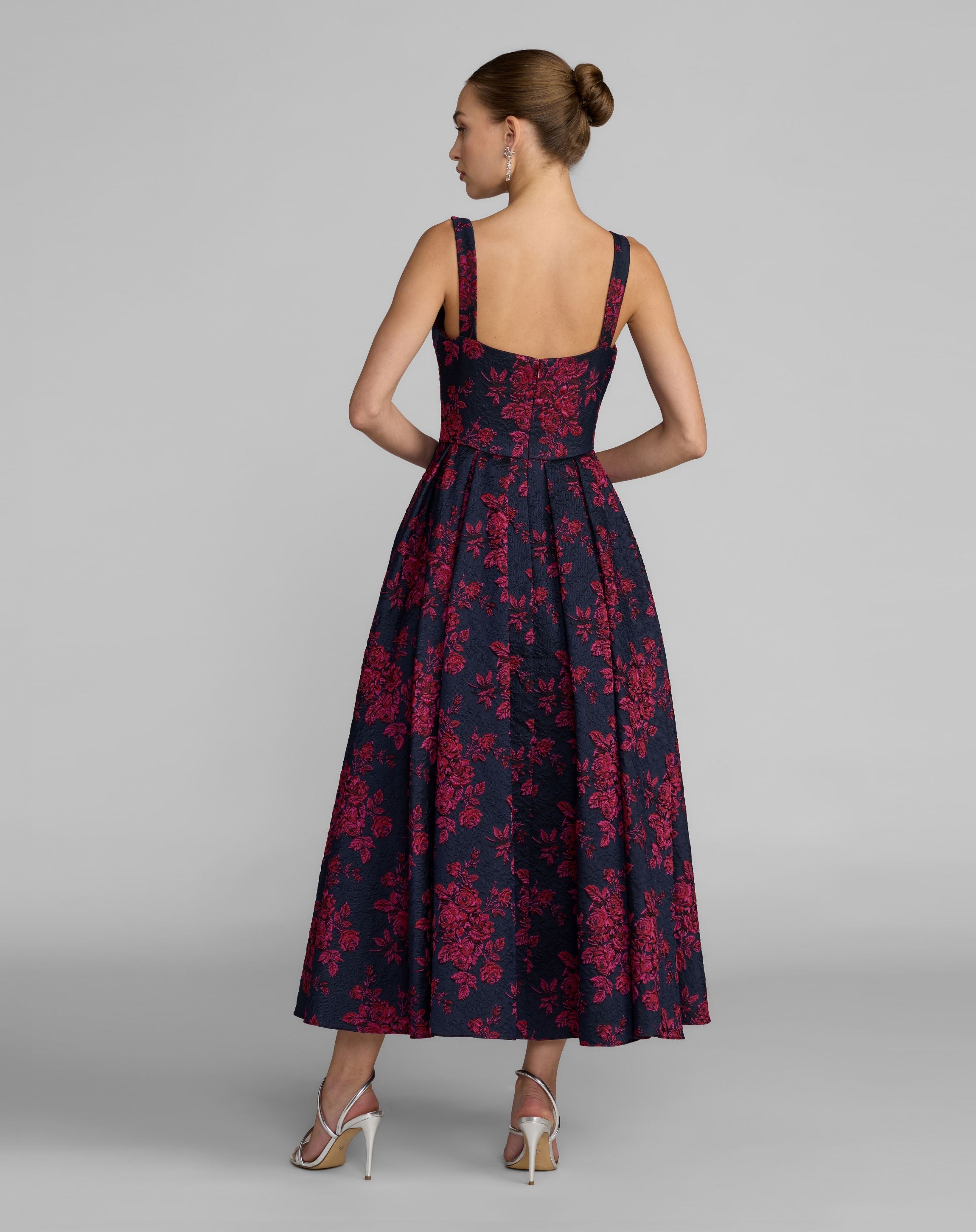 Navy Brocade Floral A-Line Dress With Pockets