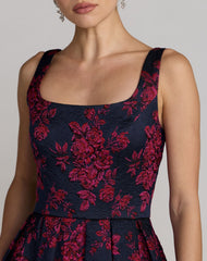 Navy Brocade Floral A-Line Dress With Pockets