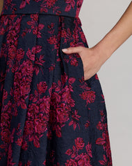 Navy Brocade Floral A-Line Dress With Pockets