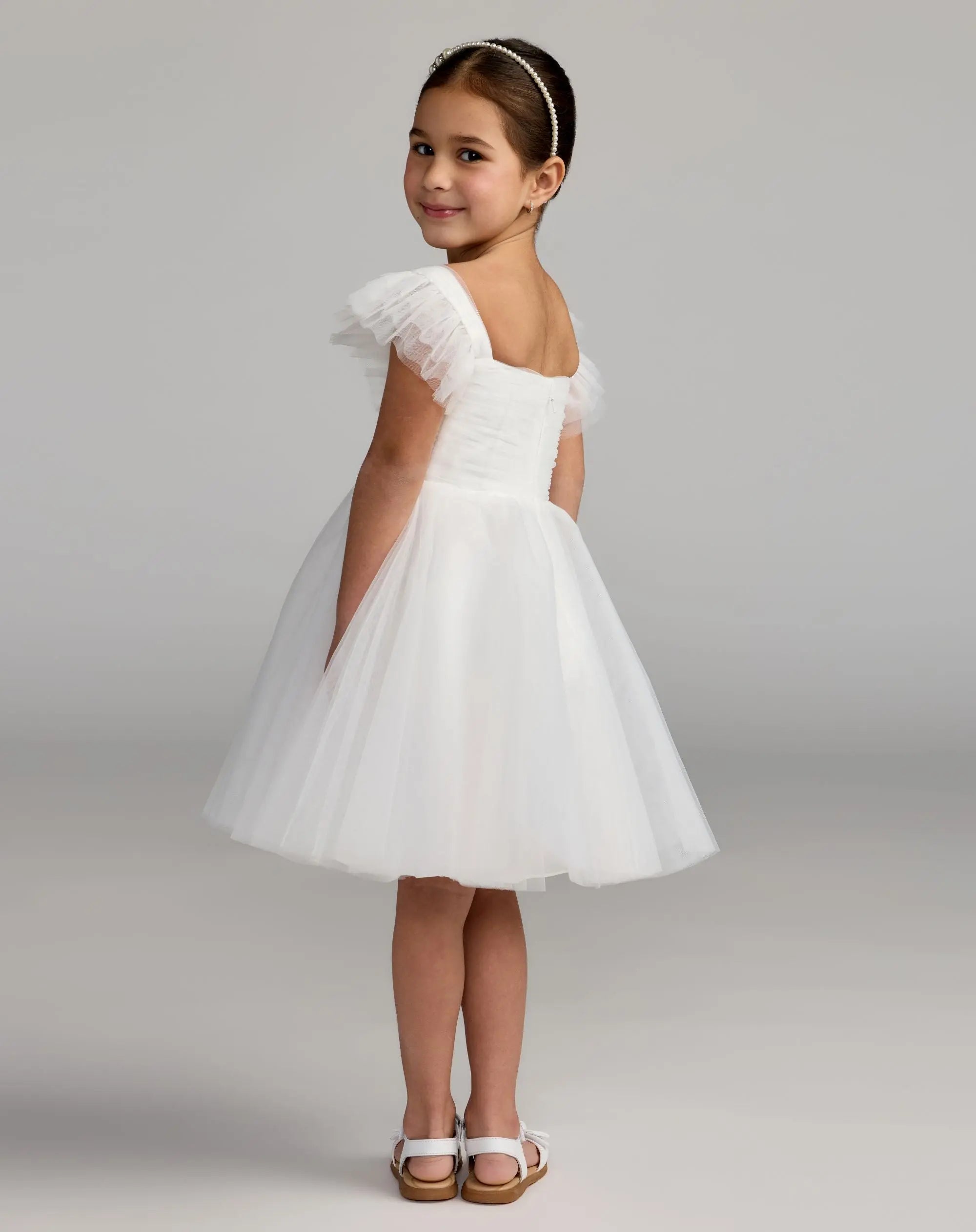 Girls White Ruffle Shoulder Tulle Dress