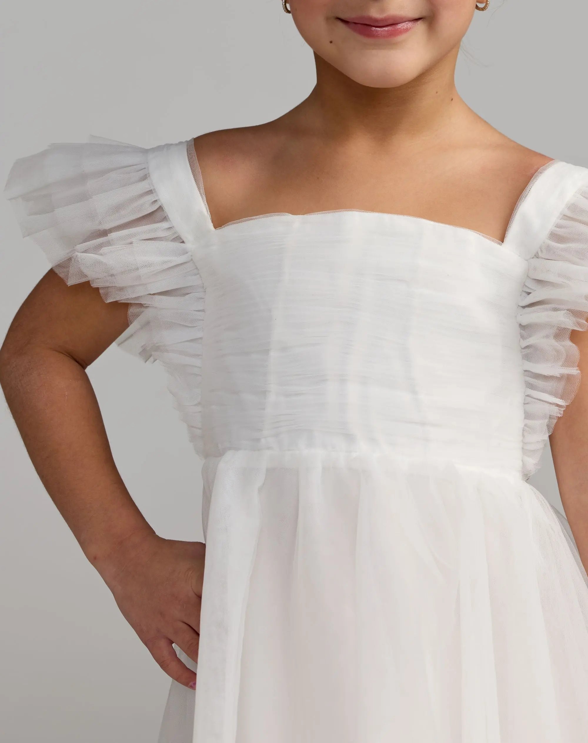 Girls White Ruffle Shoulder Tulle Dress