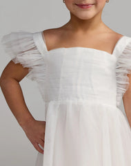 Girls White Ruffle Shoulder Tulle Dress