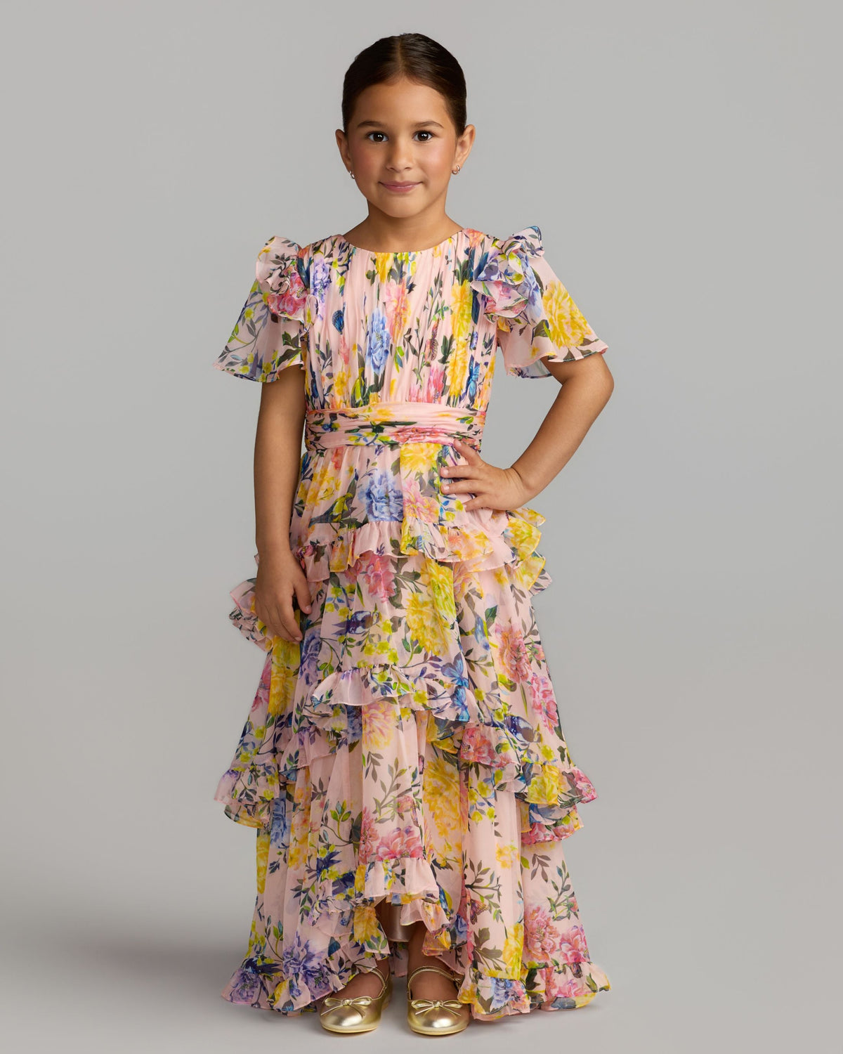 Girls Pink Multicolor Floral Chiffon Tiered Ruffle Dress