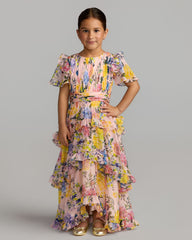 Girls Pink Multicolor Floral Chiffon Tiered Ruffle Dress