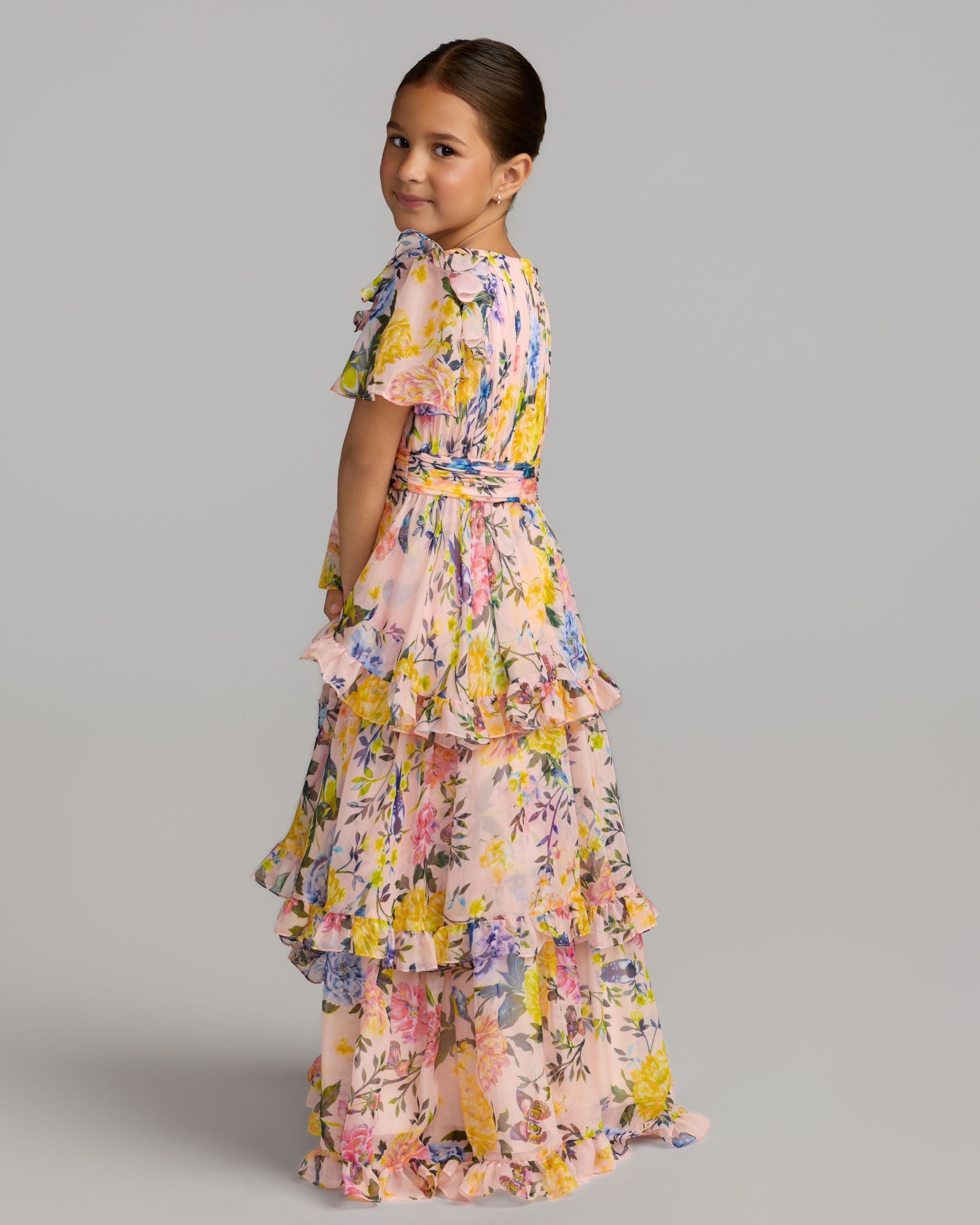 Girls Pink Multicolor Floral Chiffon Tiered Ruffle Dress