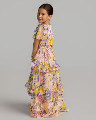 Girls Pink Multicolor Floral Chiffon Tiered Ruffle Dress