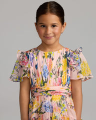 Girls Pink Multicolor Floral Chiffon Tiered Ruffle Dress