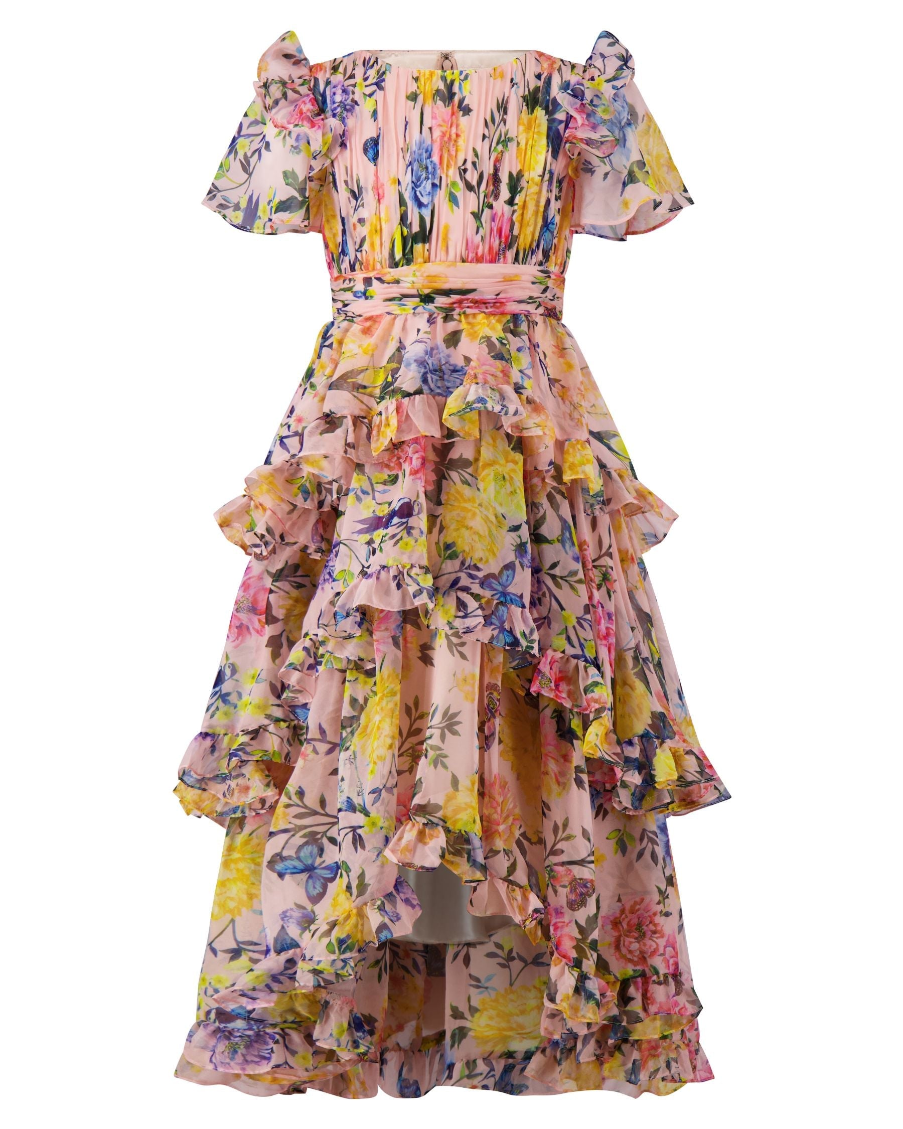 Girls Pink Multicolor Floral Chiffon Tiered Ruffle Dress