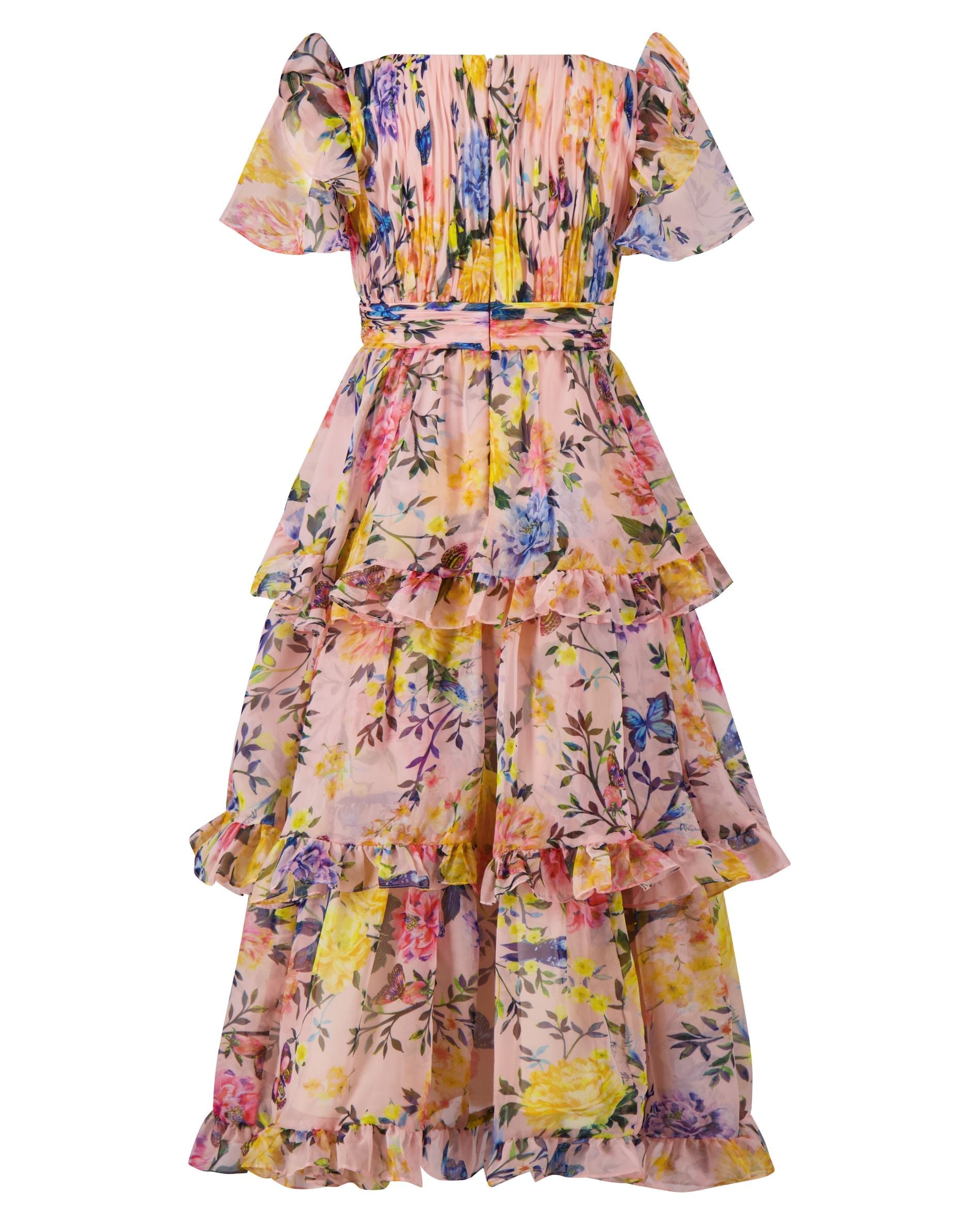 Girls Pink Multicolor Floral Chiffon Tiered Ruffle Dress