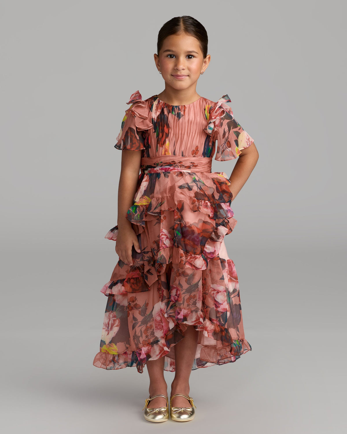 Girls Pink Floral Chiffon Tiered Ruffle Dress