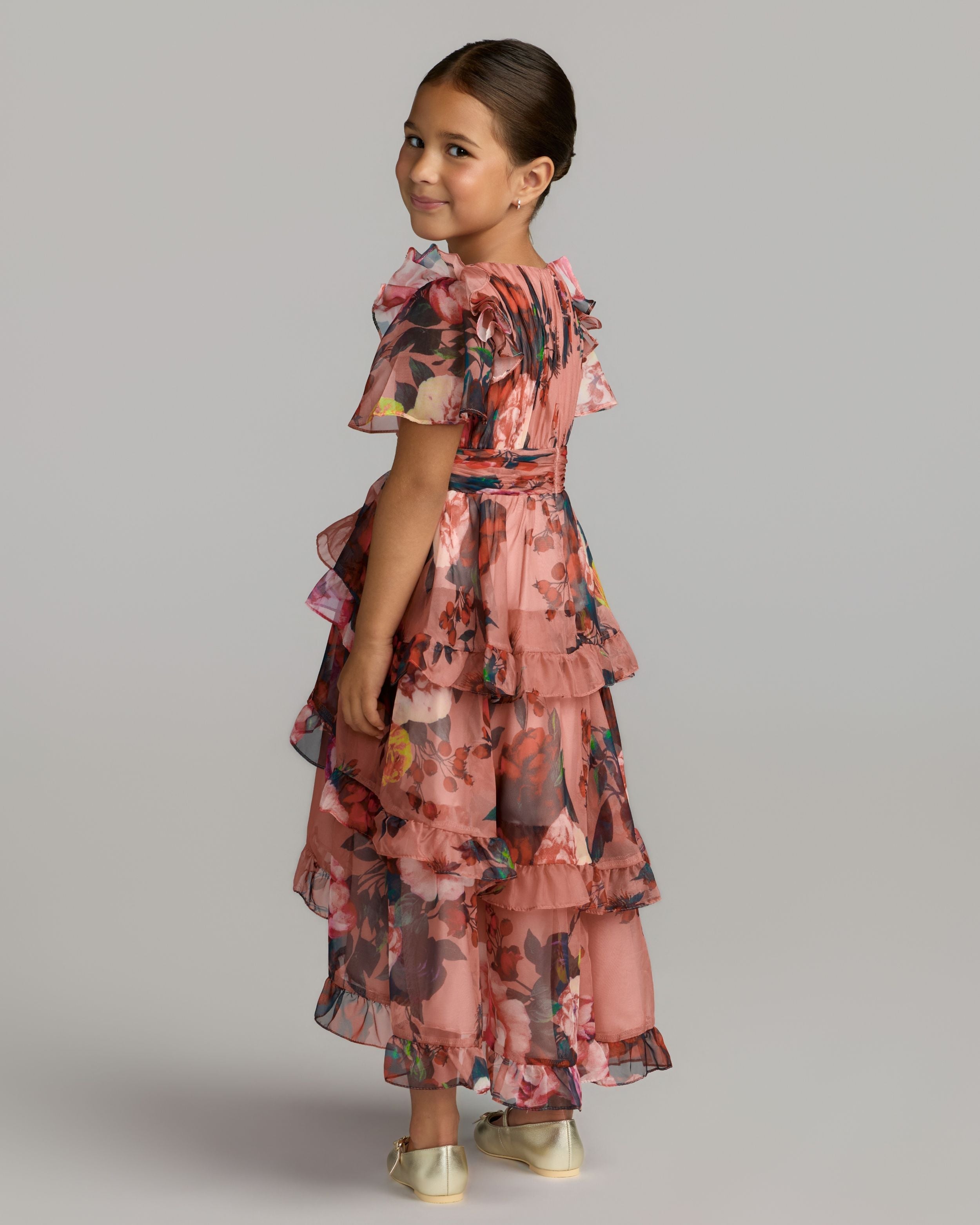 Girls Pink Floral Chiffon Tiered Ruffle Dress