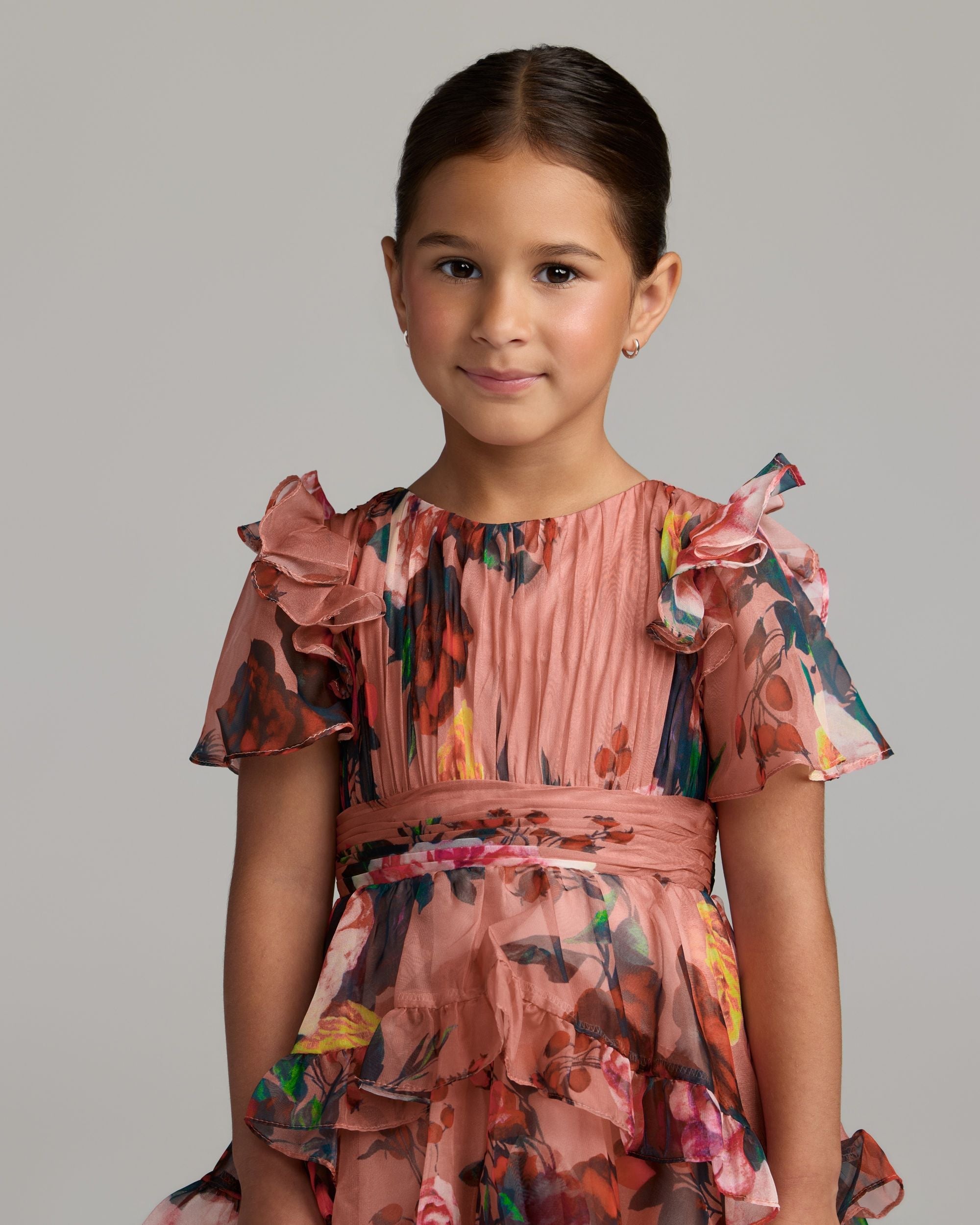 Girls Pink Floral Chiffon Tiered Ruffle Dress