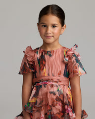 Girls Pink Floral Chiffon Tiered Ruffle Dress