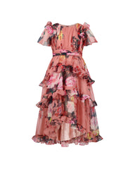 Girls Pink Floral Chiffon Tiered Ruffle Dress