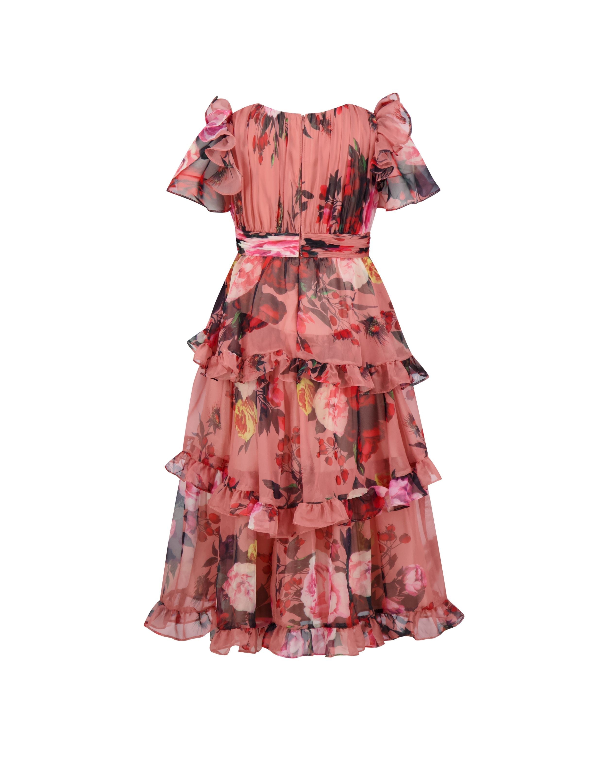 Girls Pink Floral Chiffon Tiered Ruffle Dress